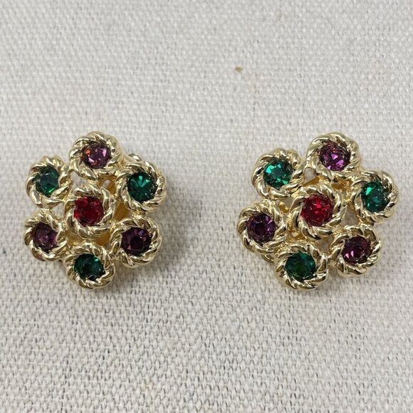 Vintage Swarovski Gold Tone Clip-On Earrings Red Green Crystals Classic Elegant‎ - Picture 1 of 8